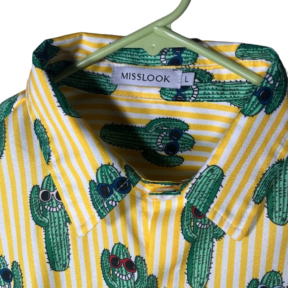 Misslook Yellow and White Stripes Shirt  with Green Cactuses With Shades On! - Picture 5 of 8